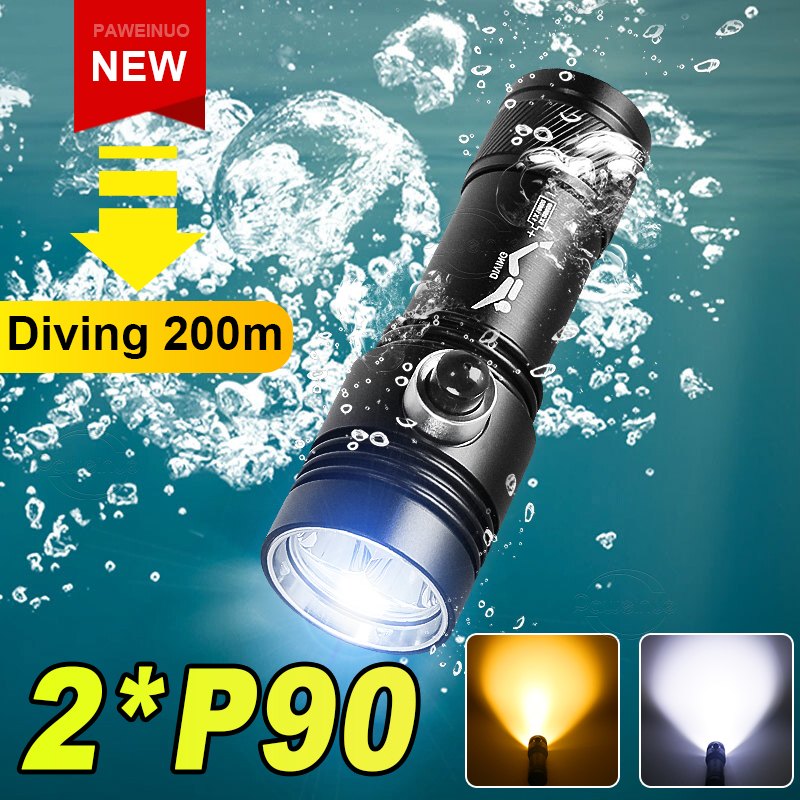 가장 강력한 직업 스쿠버 다이빙 토치 XHP90 윅 2 모드 충전식 Led 다이빙 손전등 노란색 빛 수 중 램프